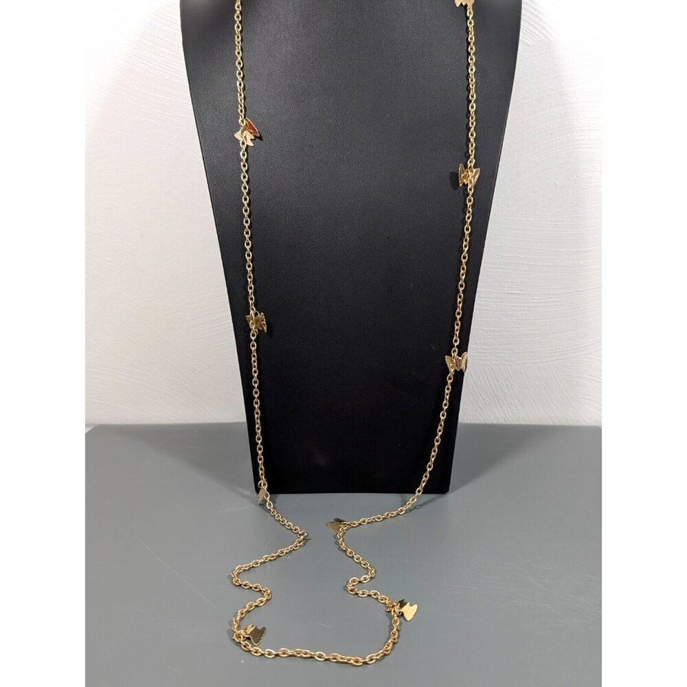 Vintage Gold Tone Butterfly Charm Long Textured Link Chain Necklace Opera 52‎ in